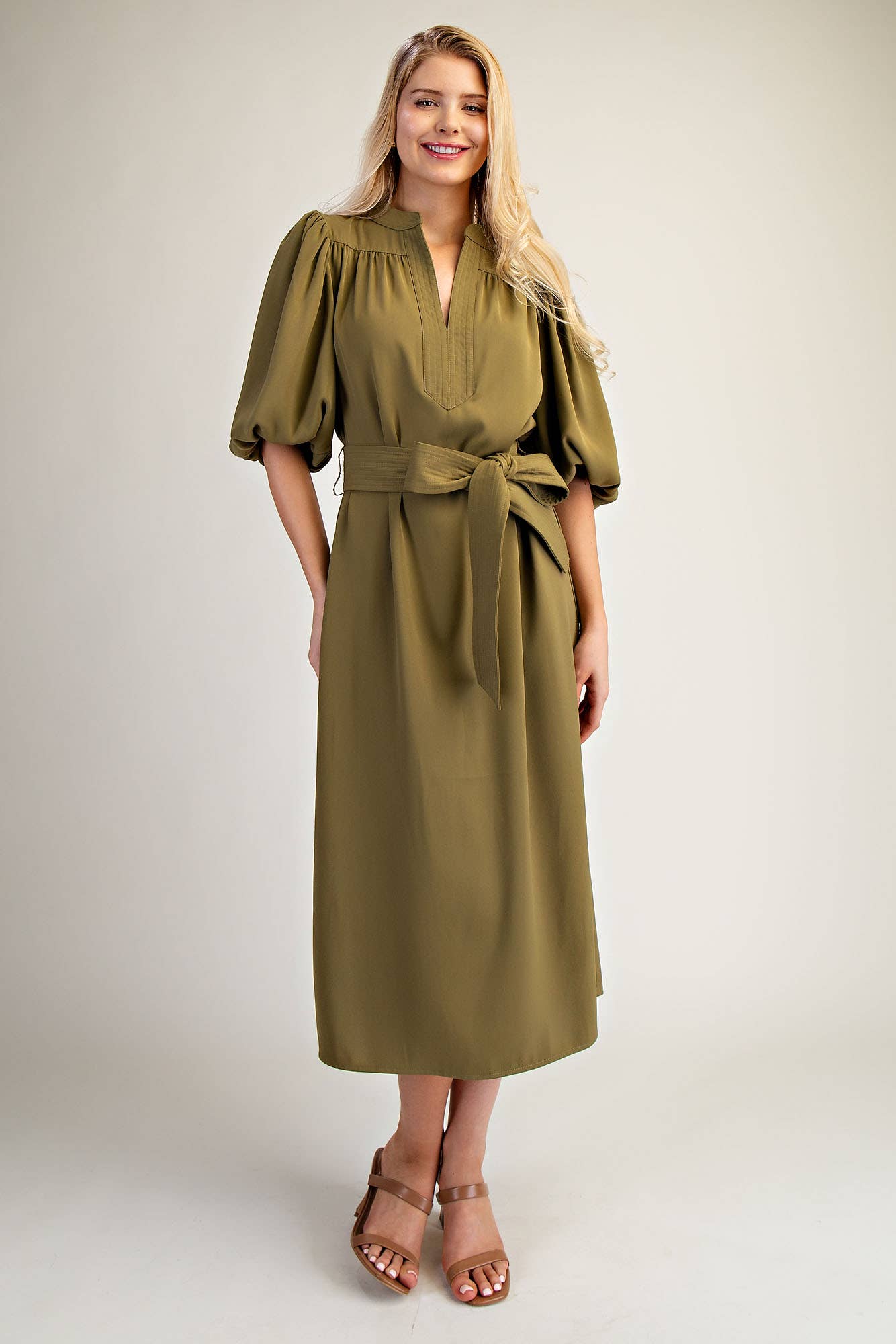 V-Neck Bubble Sleeve Midi Dress
