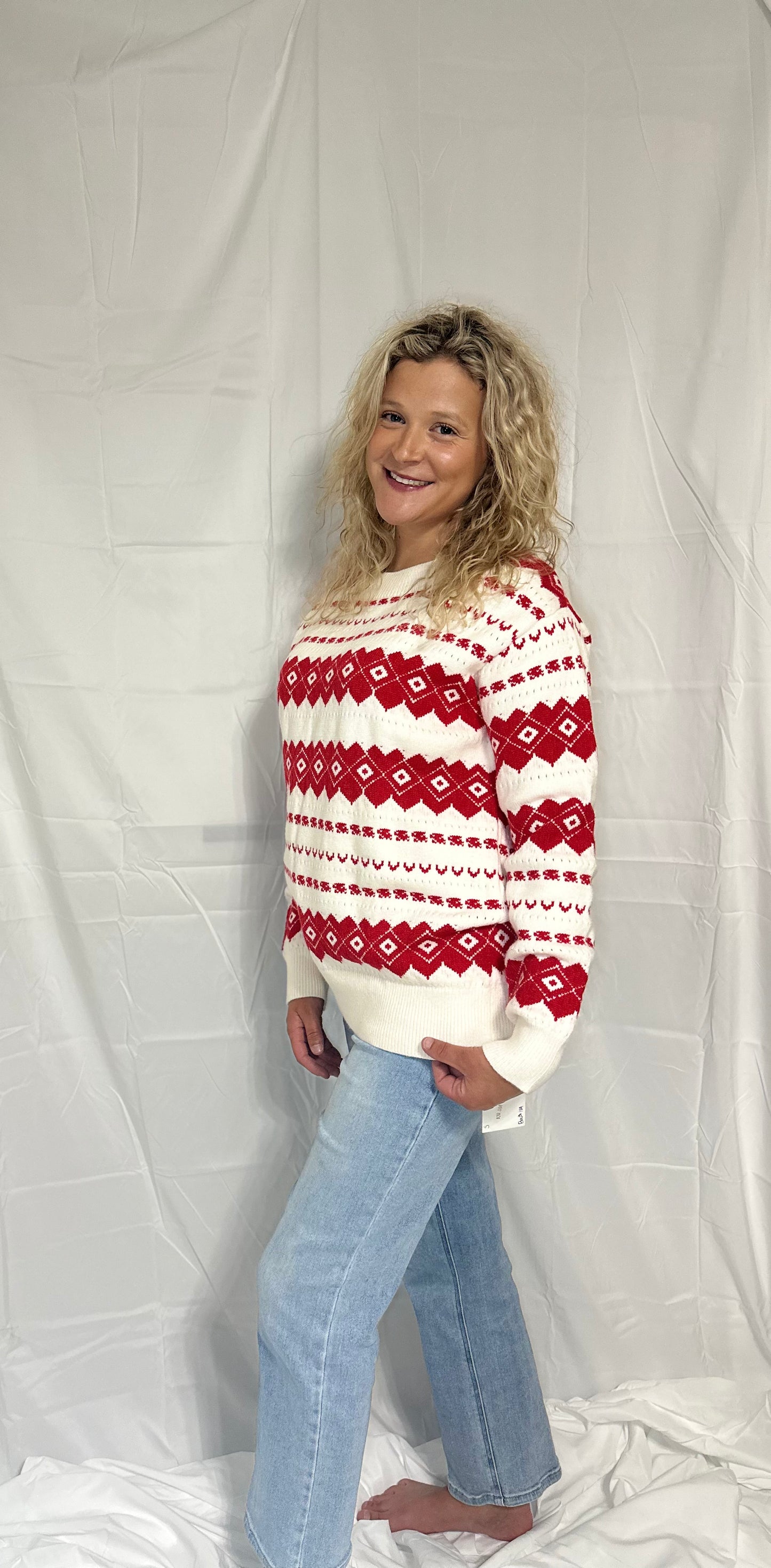 White Western Geo Loose Sweater