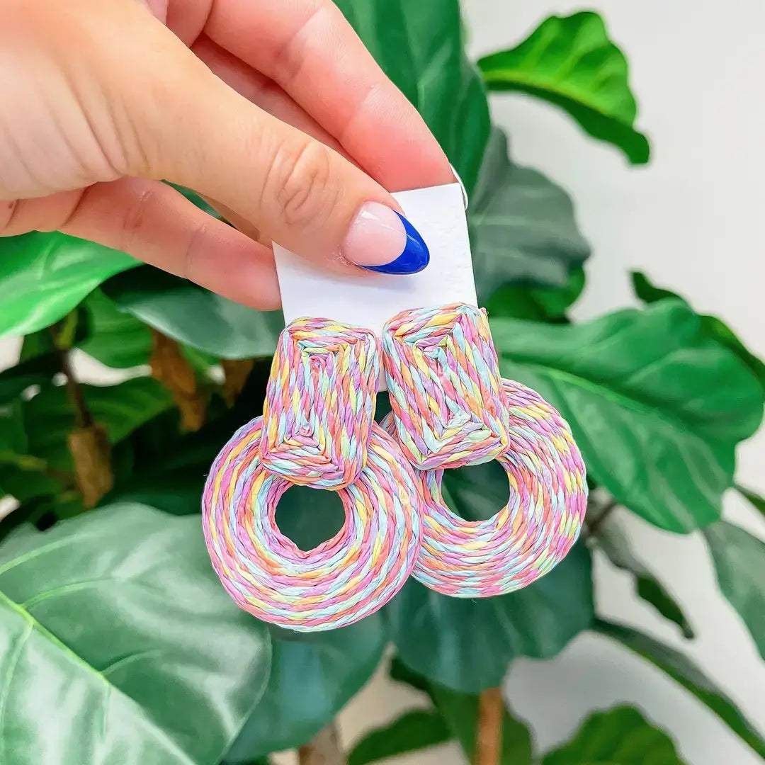 Colorful Raffia Circle Statement Earrings
