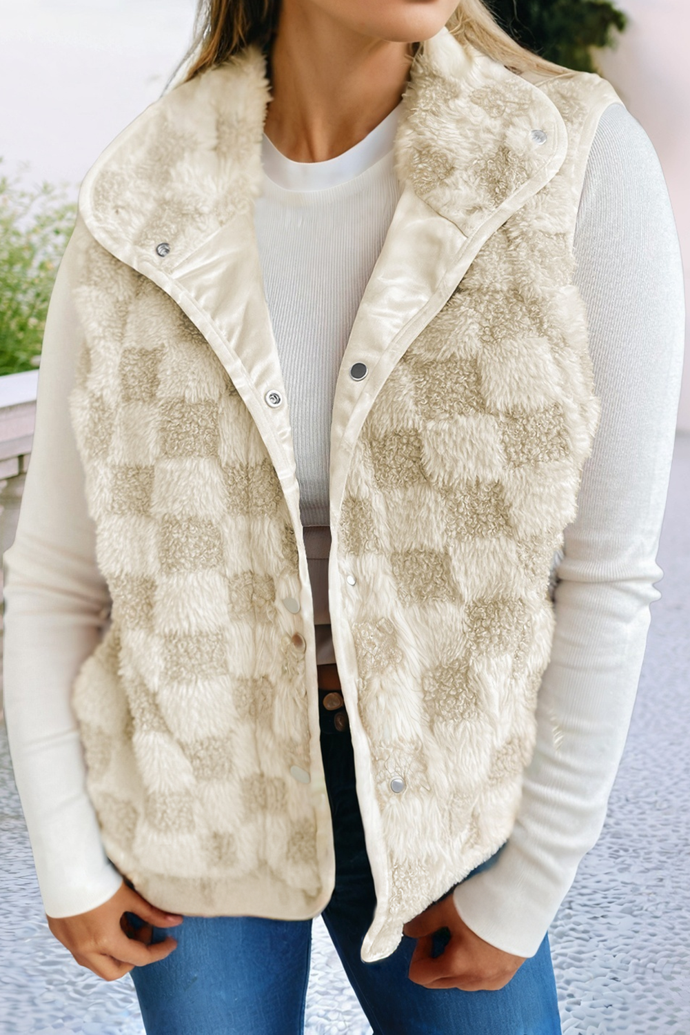 LDC Sherpa Checkerboard Snap Button Vest Jacket