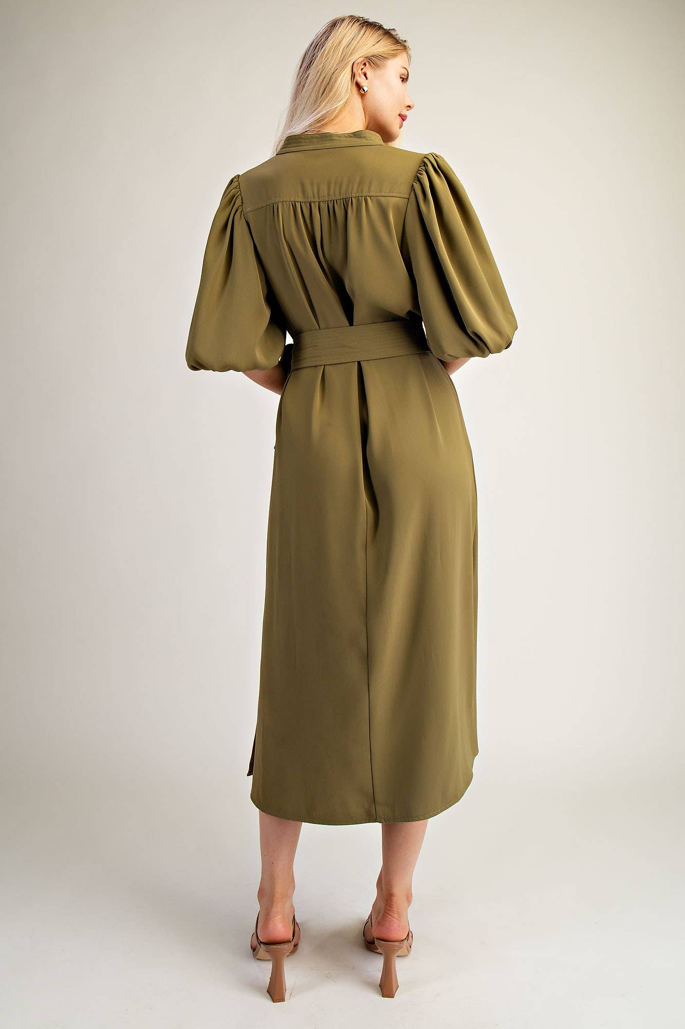 V-Neck Bubble Sleeve Midi Dress