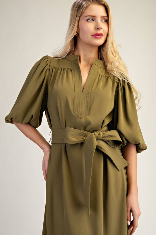 V-Neck Bubble Sleeve Midi Dress