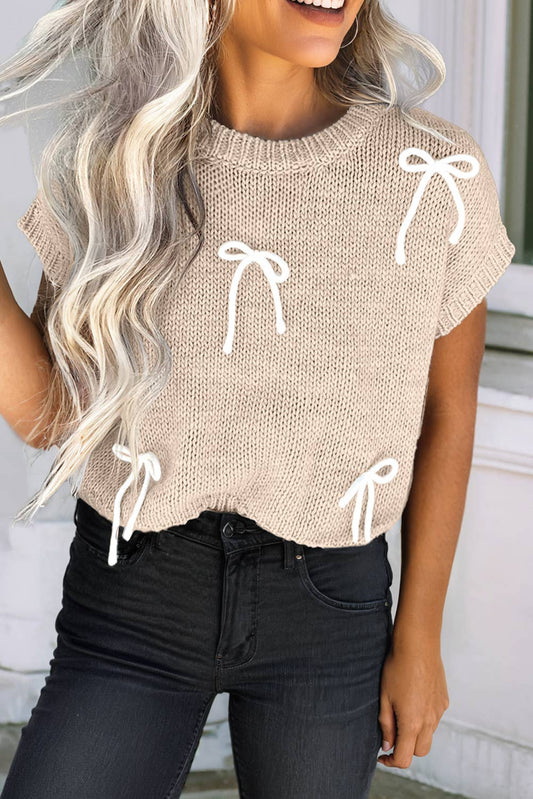LDC Bowknot Applique Cap Sleeve Sweater