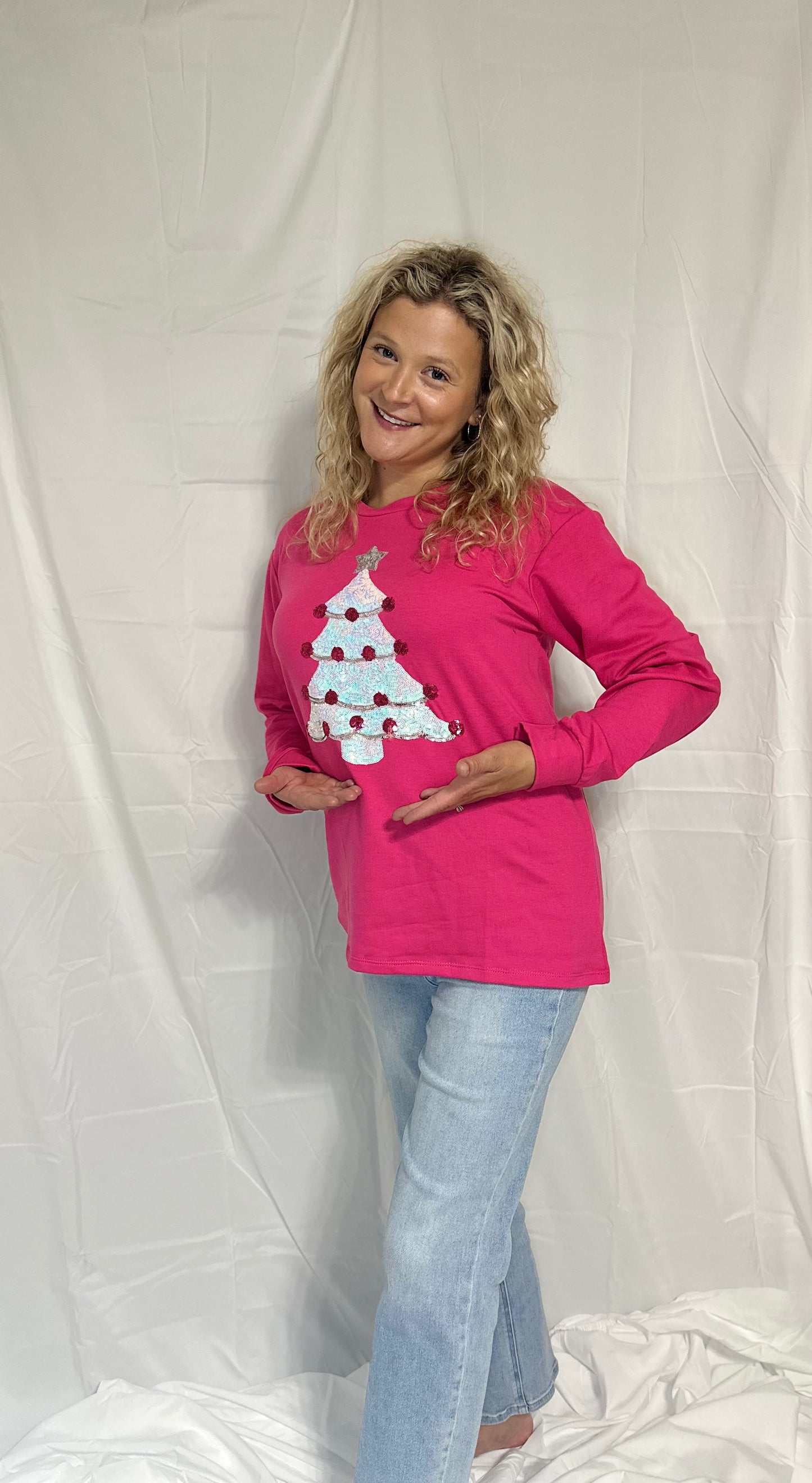 Hot Pink Sequin Christmas Tree Pullover