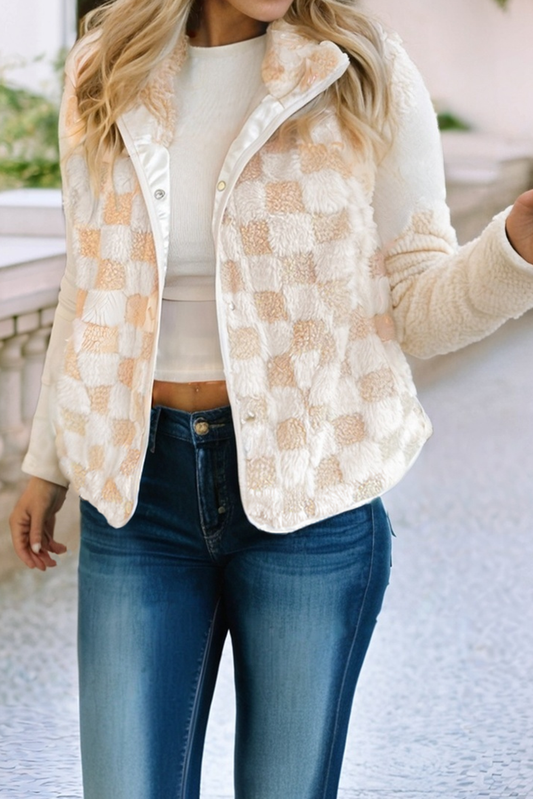 LDC Sherpa Checkerboard Snap Button Vest Jacket