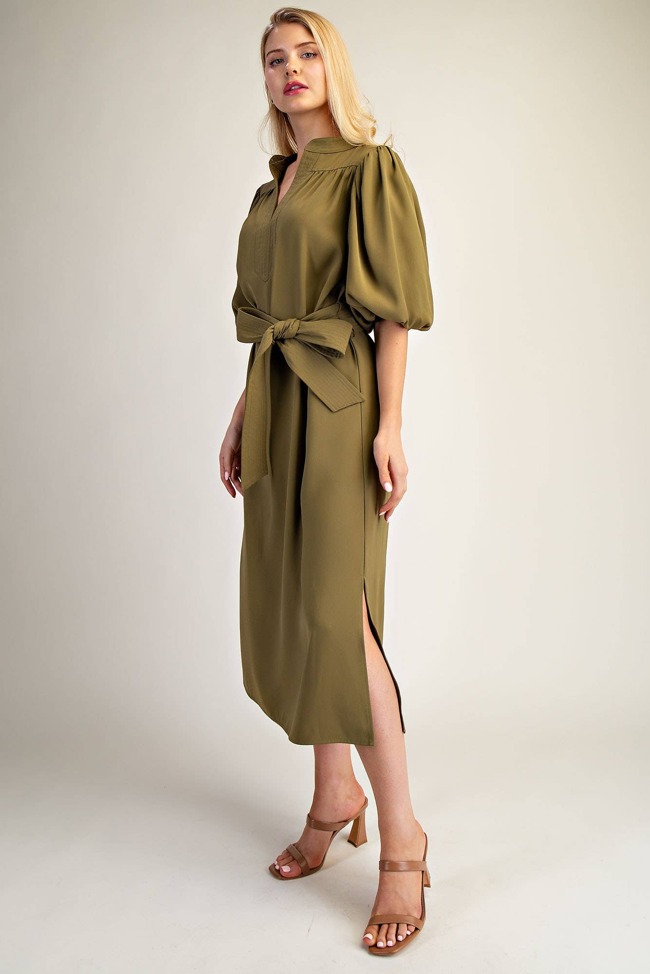 V-Neck Bubble Sleeve Midi Dress